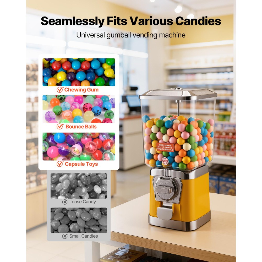 VEVOR Gumball Machine for Kids, 17"H Home Candy Vending Machine, PC Gumball Dispenser, Bubble Gum Machine for Game Stores, Coin Operated Gumball Bank for Toy Capsules Bouncy Balls Candy, Yellow