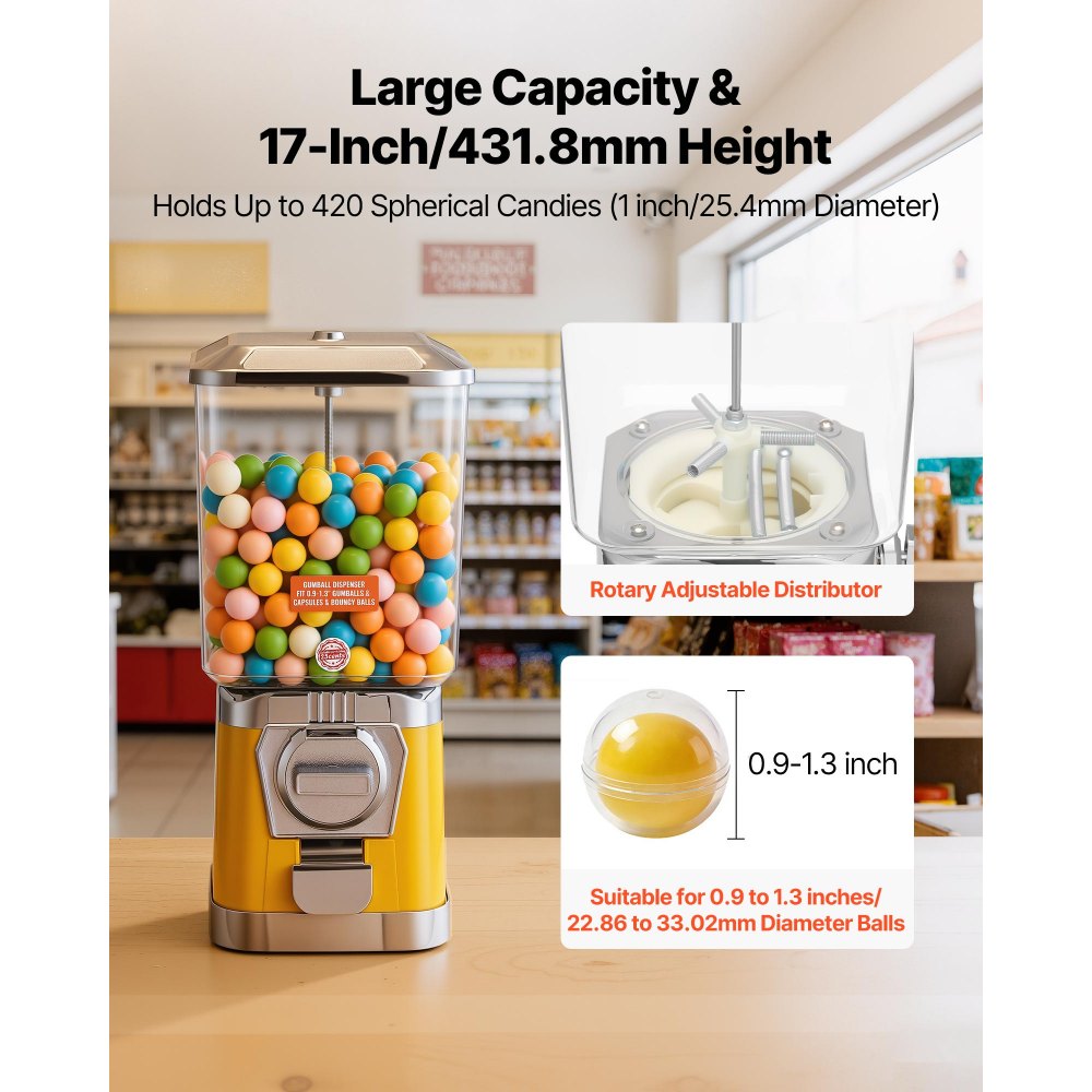VEVOR Gumball Machine for Kids, 17"H Home Candy Vending Machine, PC Gumball Dispenser, Bubble Gum Machine for Game Stores, Coin Operated Gumball Bank for Toy Capsules Bouncy Balls Candy, Yellow