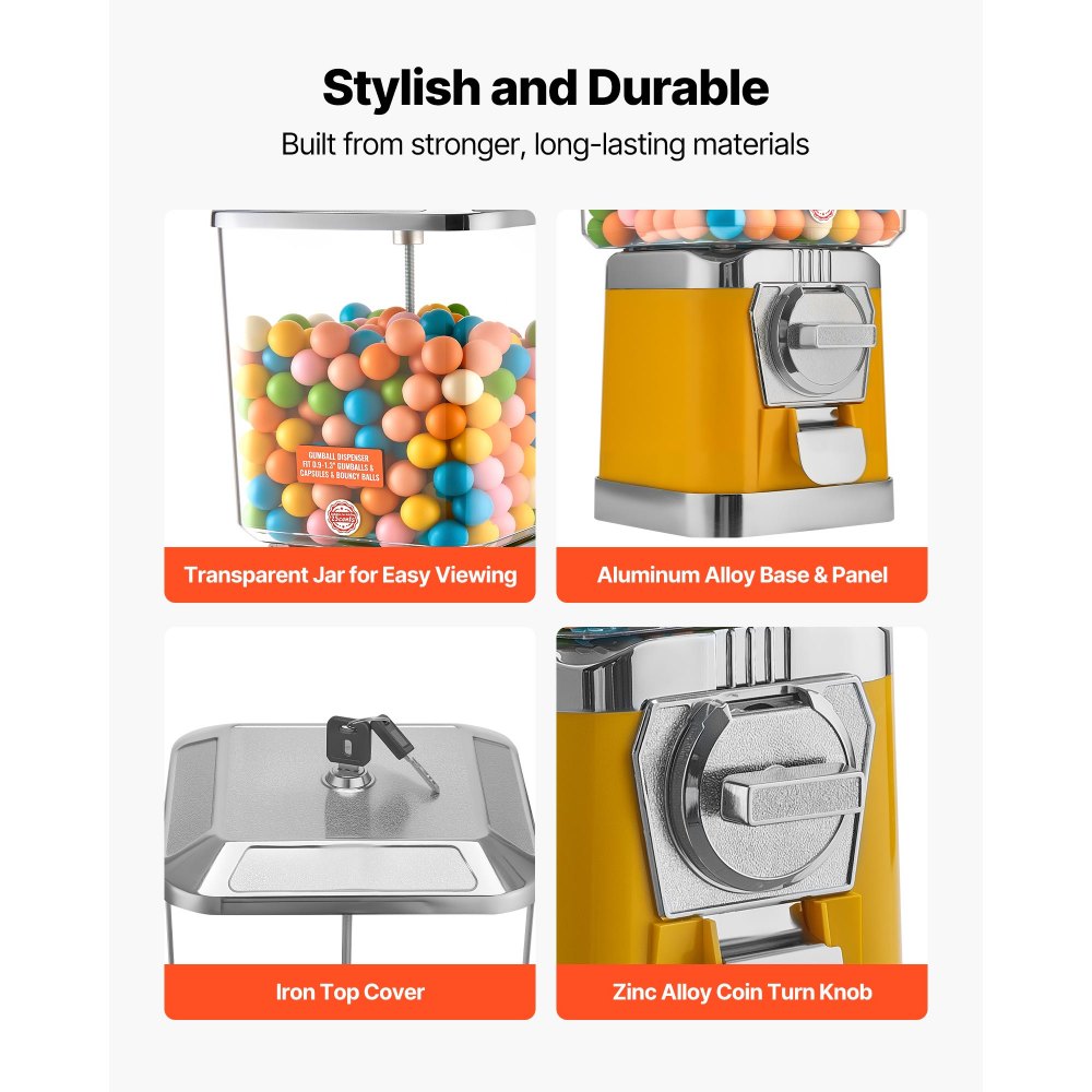 VEVOR Gumball Machine for Kids, 17"H Home Candy Vending Machine, PC Gumball Dispenser, Bubble Gum Machine for Game Stores, Coin Operated Gumball Bank for Toy Capsules Bouncy Balls Candy, Yellow