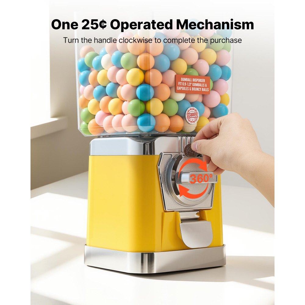 VEVOR Gumball Machine for Kids, 17"H Home Candy Vending Machine, PC Gumball Dispenser, Bubble Gum Machine for Game Stores, Coin Operated Gumball Bank for Toy Capsules Bouncy Balls Candy, Yellow