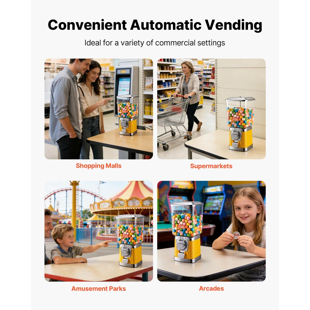VEVOR Gumball Machine for Kids, 17"H Home Candy Vending Machine, PC Gumball Dispenser, Bubble Gum Machine for Game Stores, Coin Operated Gumball Bank for Toy Capsules Bouncy Balls Candy, Yellow