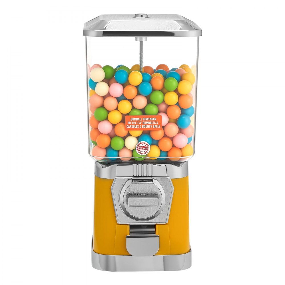 VEVOR Gumball Machine for Kids, 17"H Home Candy Vending Machine, PC Gumball Dispenser, Bubble Gum Machine for Game Stores, Coin Operated Gumball Bank for Toy Capsules Bouncy Balls Candy, Yellow