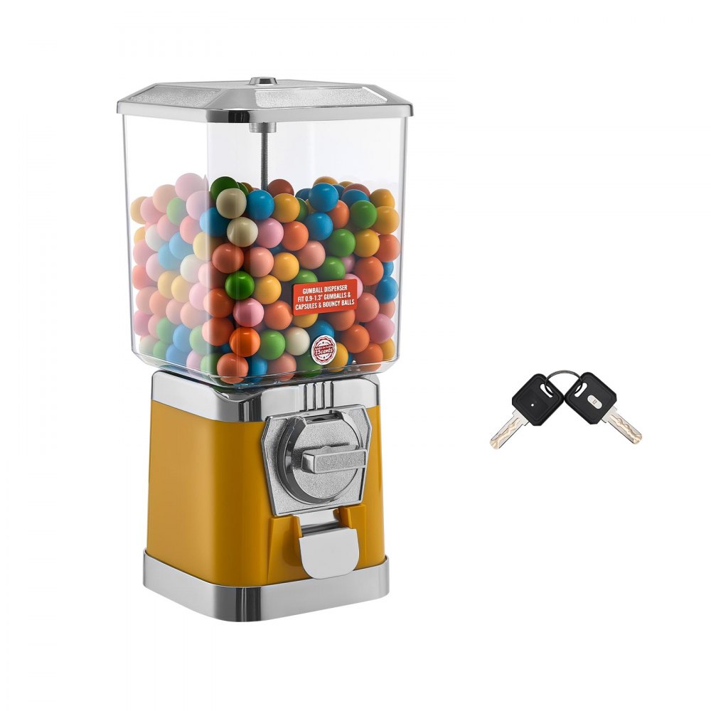 VEVOR Gumball Machine for Kids, 17"H Home Candy Vending Machine, PC Gumball Dispenser, Bubble Gum Machine for Game Stores, Coin Operated Gumball Bank for Toy Capsules Bouncy Balls Candy, Yellow