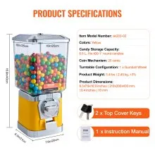 VEVOR 17"H Gumball Machine Vending Coin Bank Vintage Candy Dispenser PC Yellow