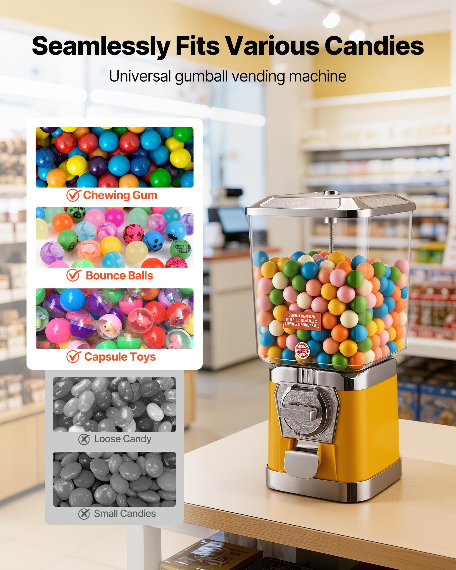 VEVOR Gumball Machine for Kids, 17"H Home Candy Vending Machine, PC Gumball Dispenser, Bubble Gum Machine for Game Stores, Coin Operated Gumball Bank for Toy Capsules Bouncy Balls Candy, Yellow