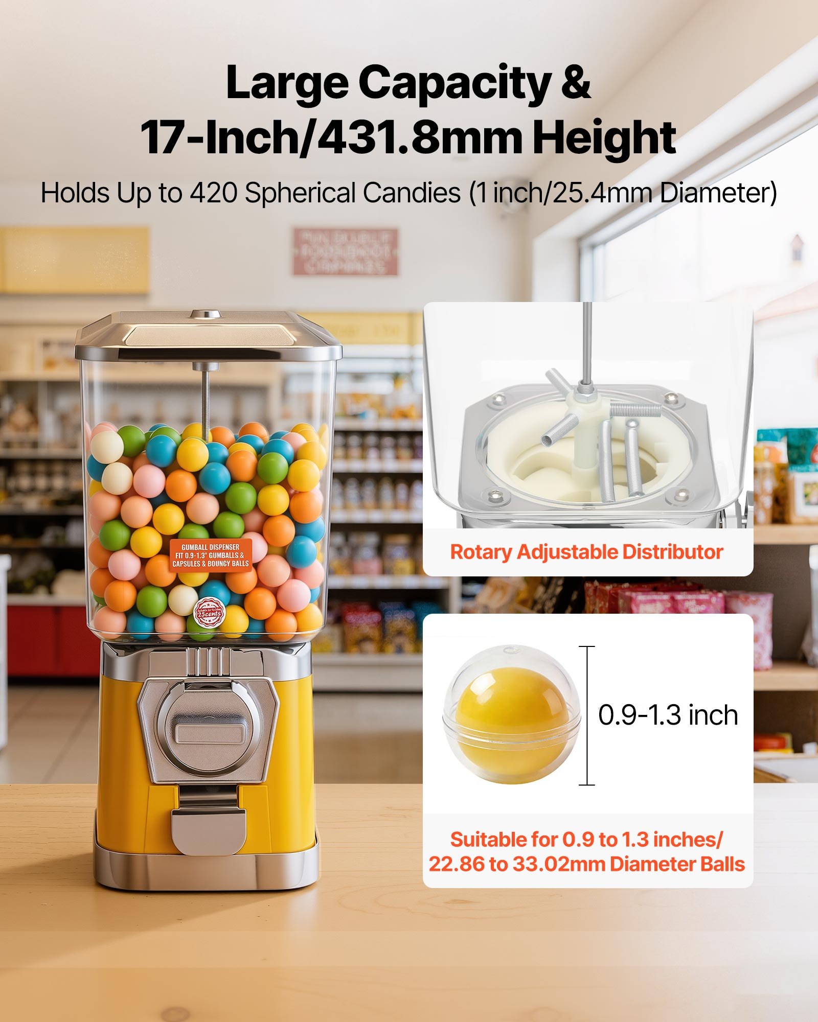 VEVOR Gumball Machine for Kids, 17"H Home Candy Vending Machine, PC Gumball Dispenser, Bubble Gum Machine for Game Stores, Coin Operated Gumball Bank for Toy Capsules Bouncy Balls Candy, Yellow