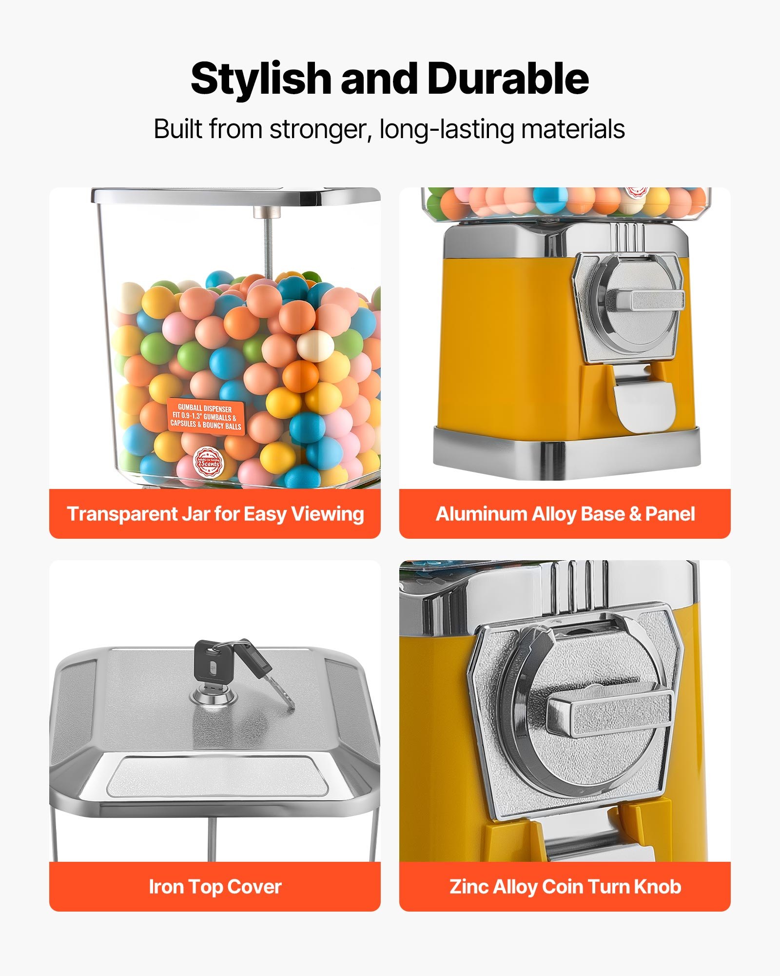 VEVOR Gumball Machine for Kids, 17"H Home Candy Vending Machine, PC Gumball Dispenser, Bubble Gum Machine for Game Stores, Coin Operated Gumball Bank for Toy Capsules Bouncy Balls Candy, Yellow