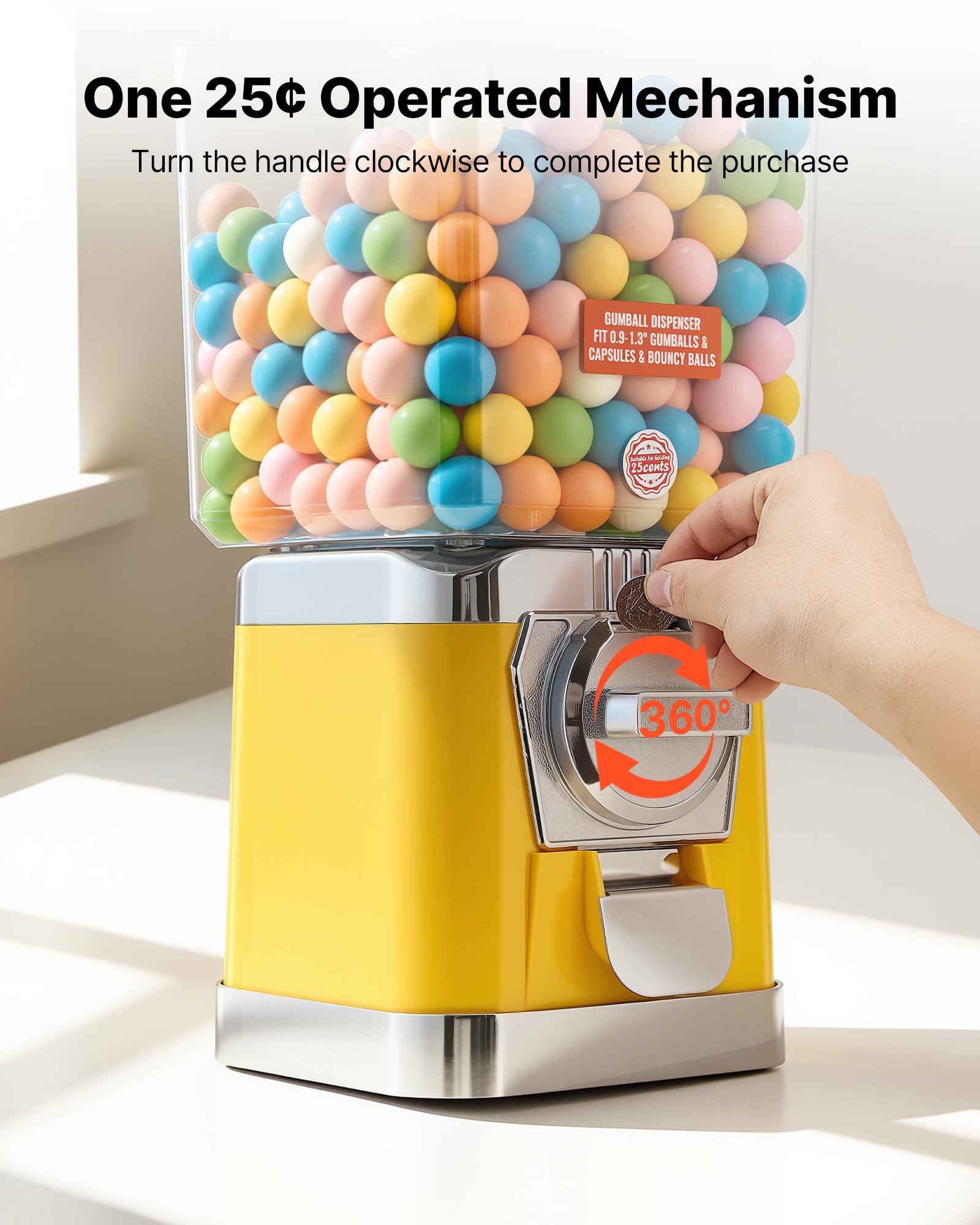 VEVOR Gumball Machine for Kids, 17"H Home Candy Vending Machine, PC Gumball Dispenser, Bubble Gum Machine for Game Stores, Coin Operated Gumball Bank for Toy Capsules Bouncy Balls Candy, Yellow