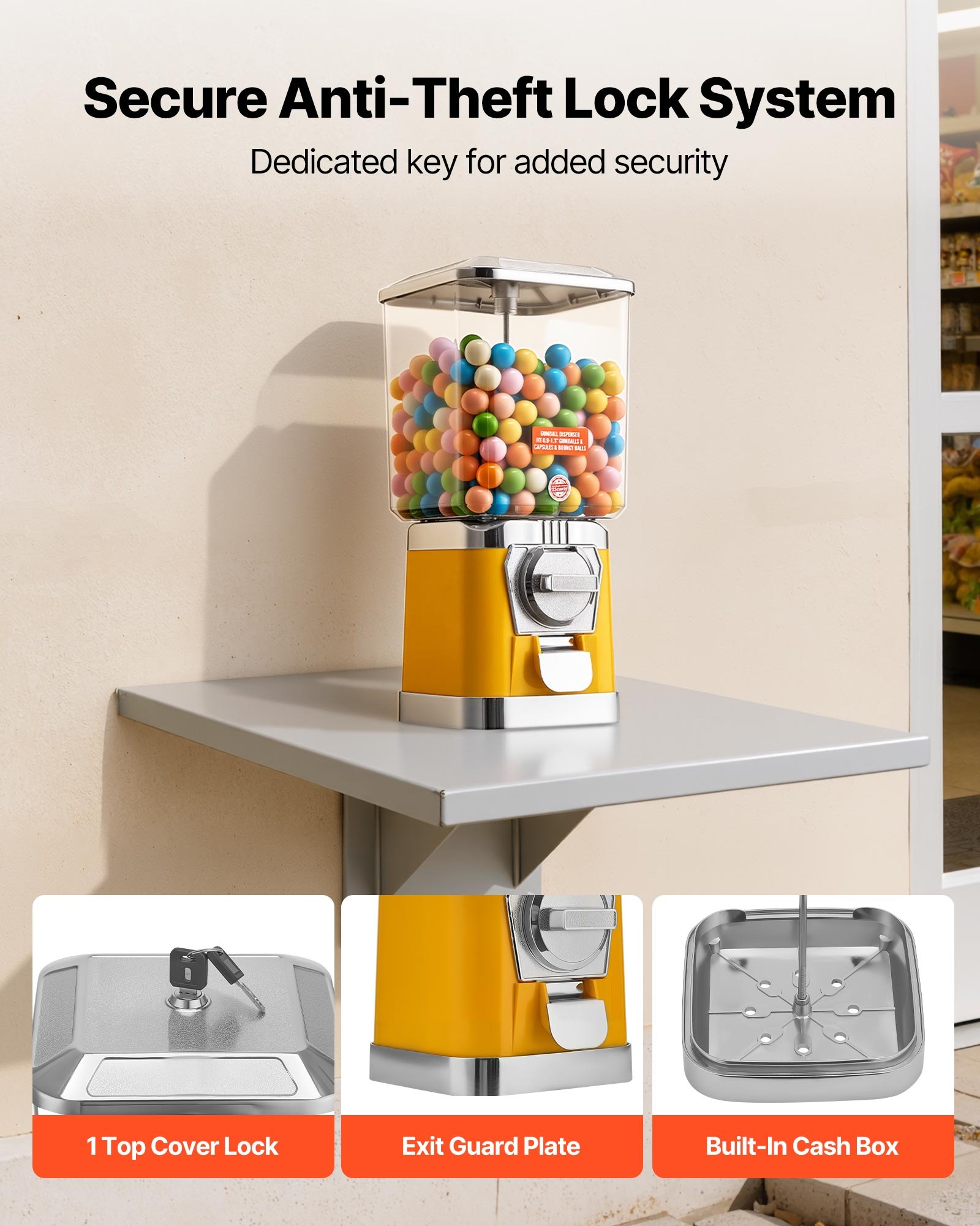 VEVOR Gumball Machine for Kids, 17"H Home Candy Vending Machine, PC Gumball Dispenser, Bubble Gum Machine for Game Stores, Coin Operated Gumball Bank for Toy Capsules Bouncy Balls Candy, Yellow