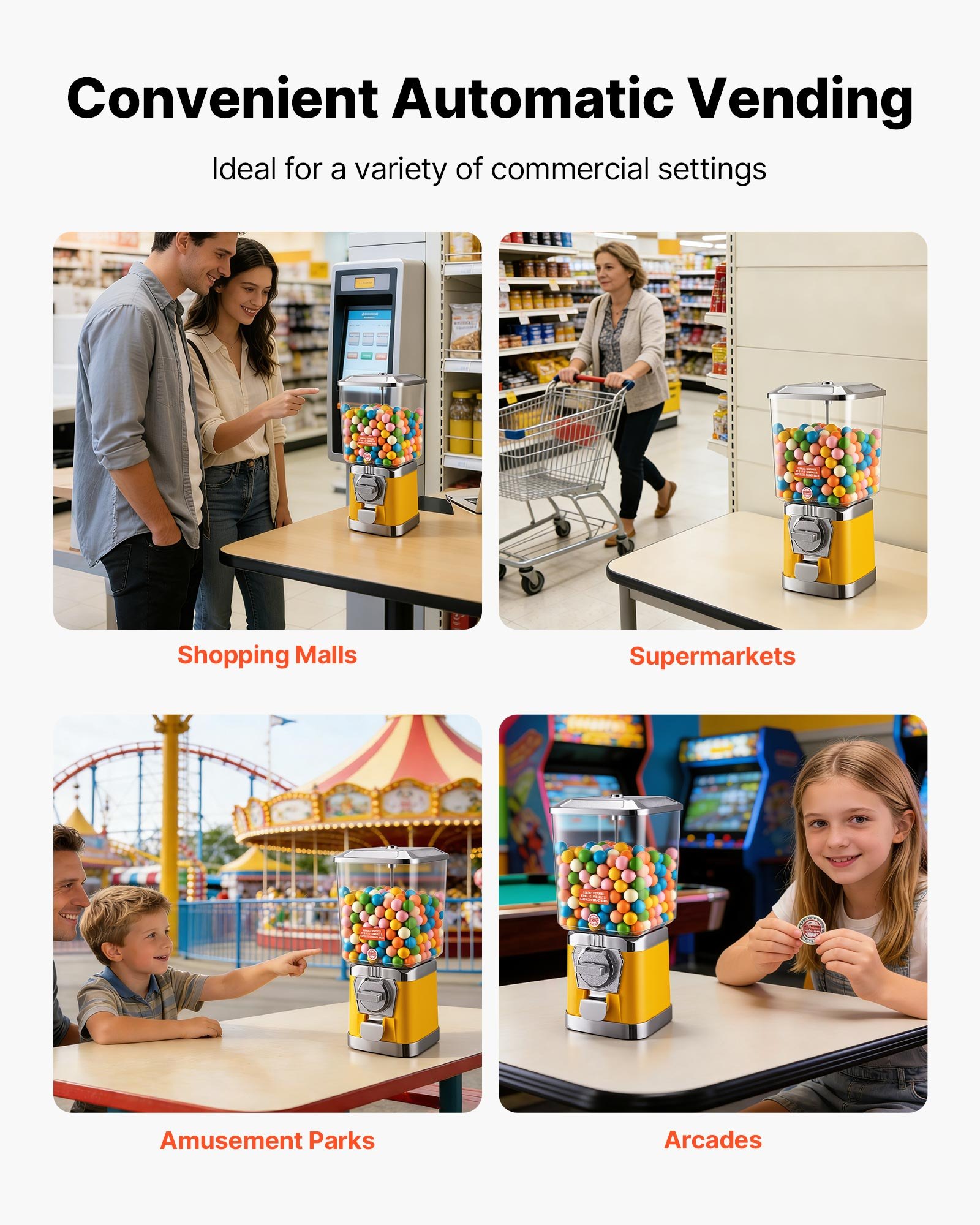 VEVOR Gumball Machine for Kids, 17"H Home Candy Vending Machine, PC Gumball Dispenser, Bubble Gum Machine for Game Stores, Coin Operated Gumball Bank for Toy Capsules Bouncy Balls Candy, Yellow