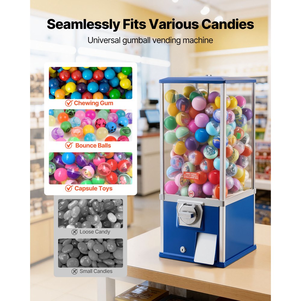 VEVOR Gumball Machine for Kids, 25" Height Home Vending Machine, PS Bouncy Balls Dispenser, Hold 230 Capsule Toys, Rectangle Bubble Gum Machine for Game Stores, Coin Operated Gumball Bank, Blue