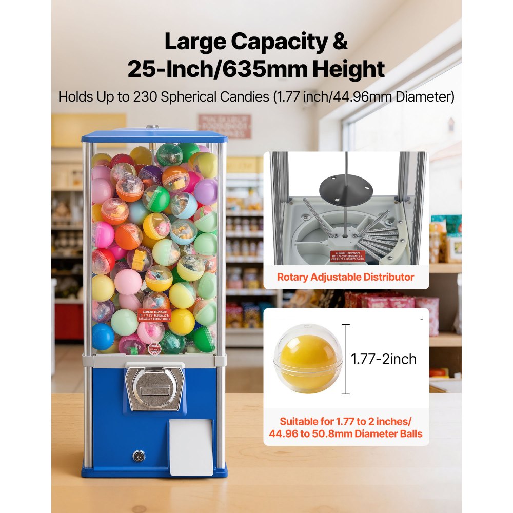 VEVOR Gumball Machine for Kids, 25" Height Home Vending Machine, PS Bouncy Balls Dispenser, Hold 230 Capsule Toys, Rectangle Bubble Gum Machine for Game Stores, Coin Operated Gumball Bank, Blue