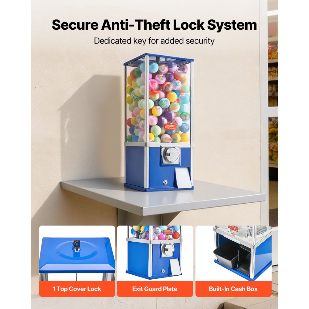 VEVOR Gumball Machine for Kids, 25" Height Home Vending Machine, PS Bouncy Balls Dispenser, Hold 230 Capsule Toys, Rectangle Bubble Gum Machine for Game Stores, Coin Operated Gumball Bank, Blue