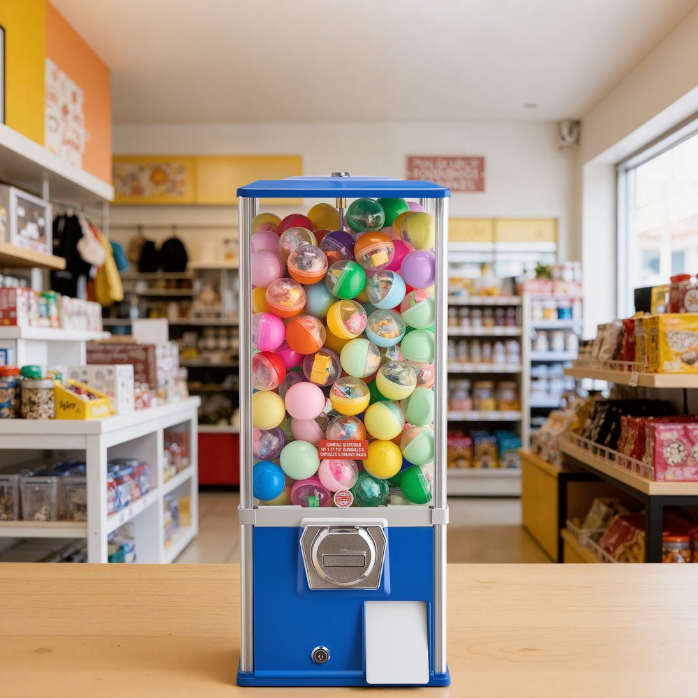 VEVOR Gumball Machine for Kids, 25" Height Home Vending Machine, PS Bouncy Balls Dispenser, Hold 230 Capsule Toys, Rectangle Bubble Gum Machine for Game Stores, Coin Operated Gumball Bank, Blue