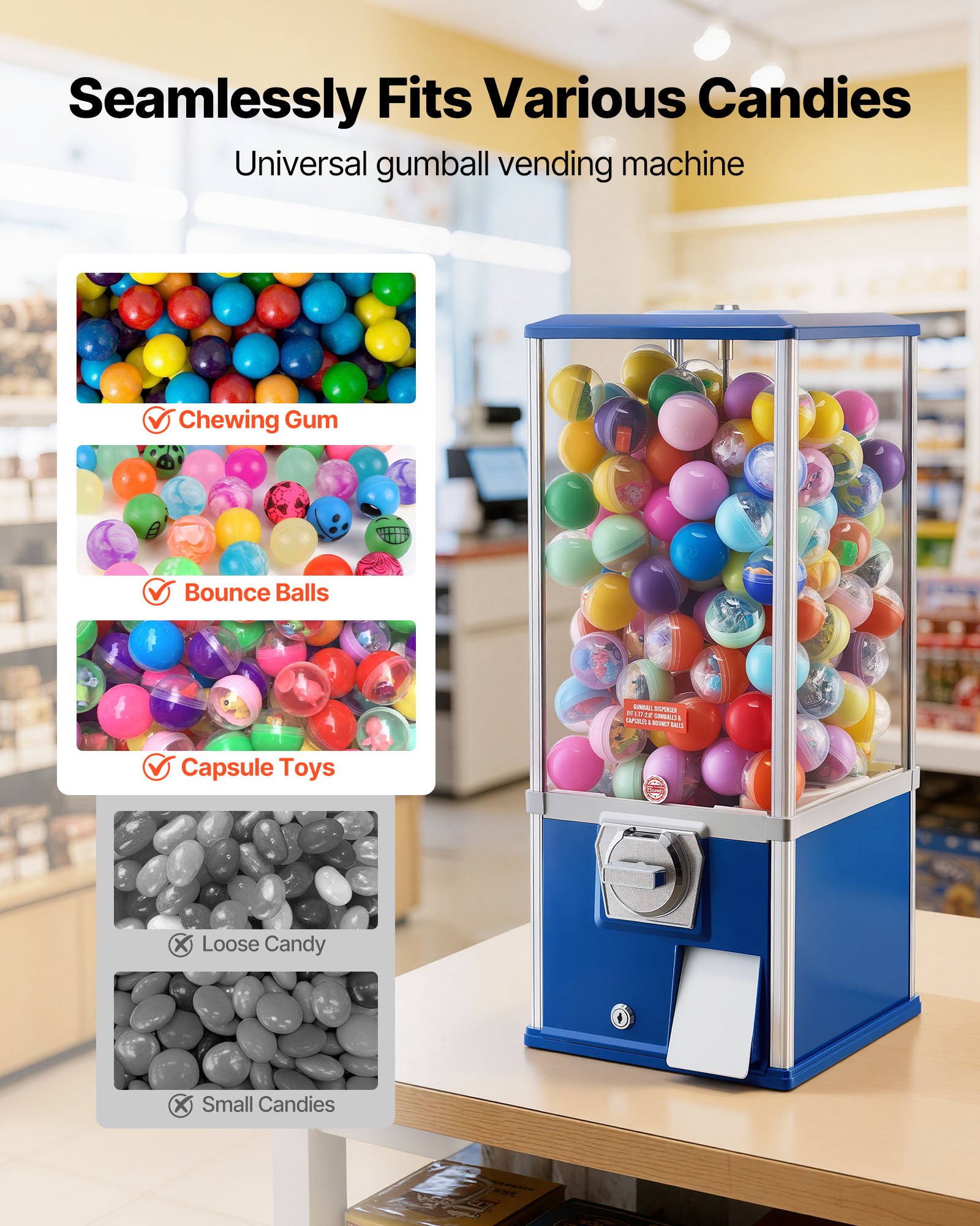 VEVOR Gumball Machine for Kids, 25" Height Home Vending Machine, PS Bouncy Balls Dispenser, Hold 230 Capsule Toys, Rectangle Bubble Gum Machine for Game Stores, Coin Operated Gumball Bank, Blue