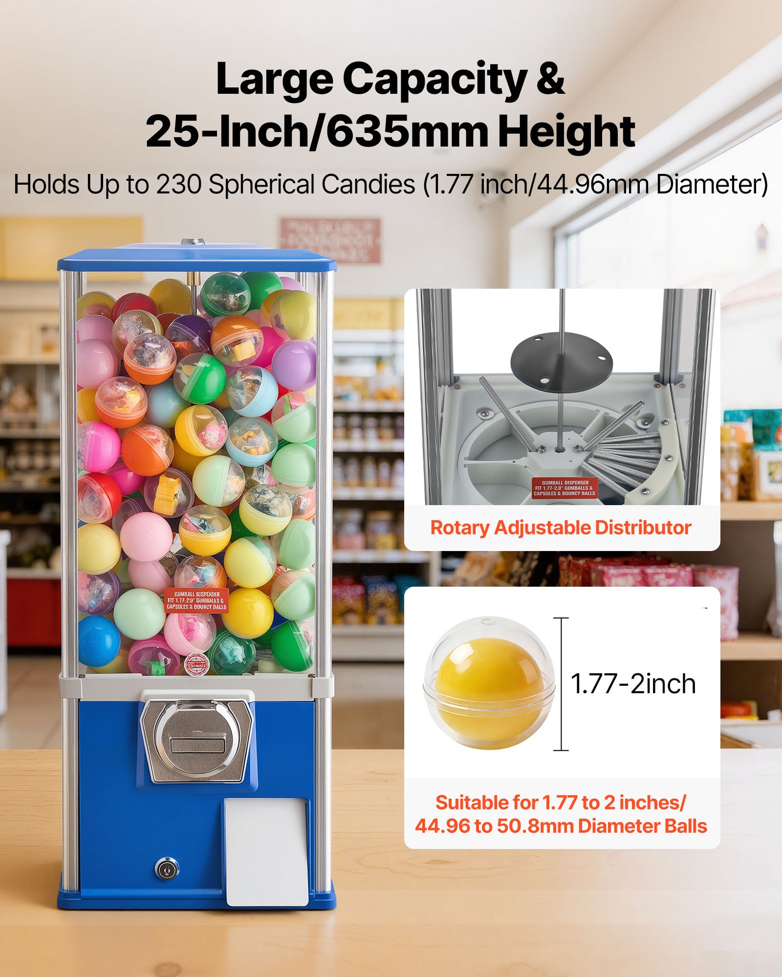 VEVOR Gumball Machine for Kids, 25" Height Home Vending Machine, PS Bouncy Balls Dispenser, Hold 230 Capsule Toys, Rectangle Bubble Gum Machine for Game Stores, Coin Operated Gumball Bank, Blue