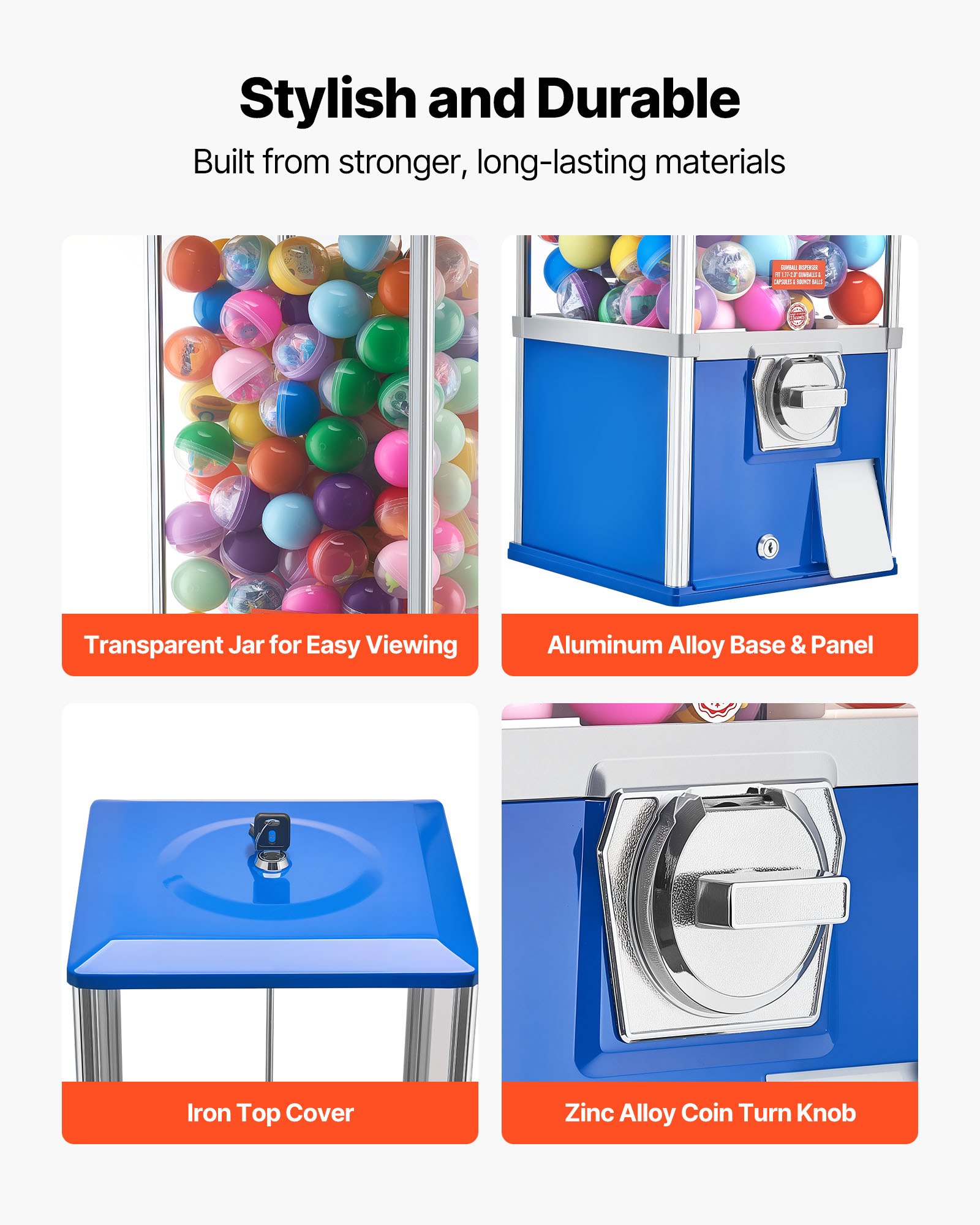 VEVOR Gumball Machine for Kids, 25" Height Home Vending Machine, PS Bouncy Balls Dispenser, Hold 230 Capsule Toys, Rectangle Bubble Gum Machine for Game Stores, Coin Operated Gumball Bank, Blue