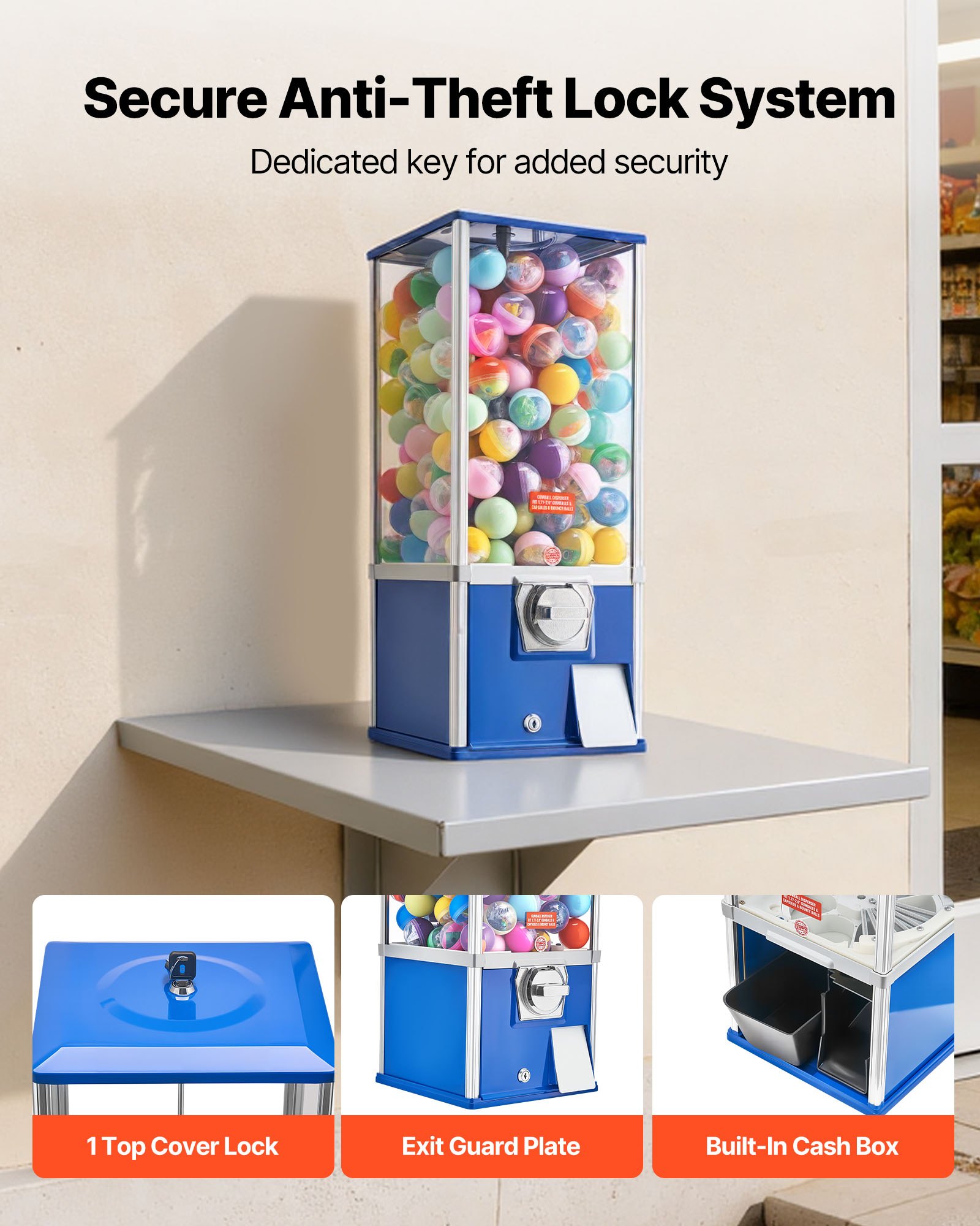 VEVOR Gumball Machine for Kids, 25" Height Home Vending Machine, PS Bouncy Balls Dispenser, Hold 230 Capsule Toys, Rectangle Bubble Gum Machine for Game Stores, Coin Operated Gumball Bank, Blue