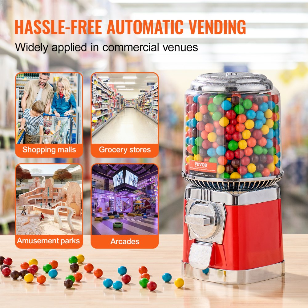 VEVOR Gumball Machine for Kids, 16"H Home Candy Vending Machine, PC Round Gumball Dispenser, Bubble Gum Machine for Game Stores, Coin Operated Gumball Bank for Toy Capsules Bouncy Balls Candy, Red