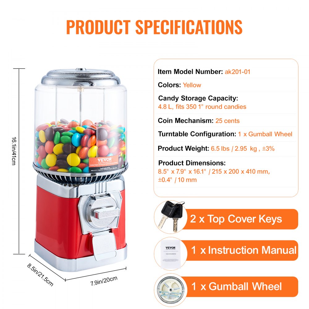 VEVOR Gumball Machine for Kids, 16"H Home Candy Vending Machine, PC Round Gumball Dispenser, Bubble Gum Machine for Game Stores, Coin Operated Gumball Bank for Toy Capsules Bouncy Balls Candy, Red