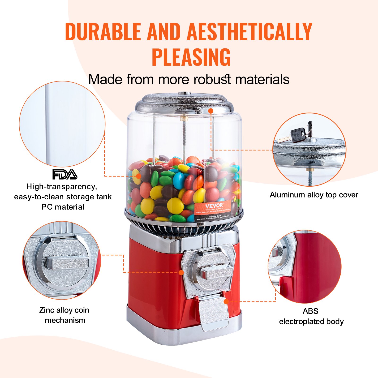 VEVOR Gumball Machine for Kids, 16"H Home Candy Vending Machine, PC Round Gumball Dispenser, Bubble Gum Machine for Game Stores, Coin Operated Gumball Bank for Toy Capsules Bouncy Balls Candy, Red
