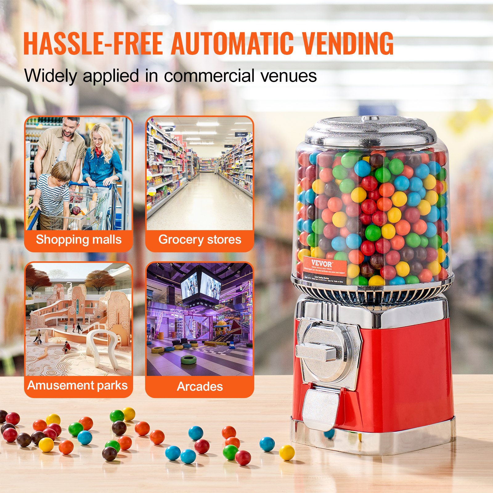 VEVOR Gumball Machine for Kids, 16"H Home Candy Vending Machine, PC Round Gumball Dispenser, Bubble Gum Machine for Game Stores, Coin Operated Gumball Bank for Toy Capsules Bouncy Balls Candy, Red