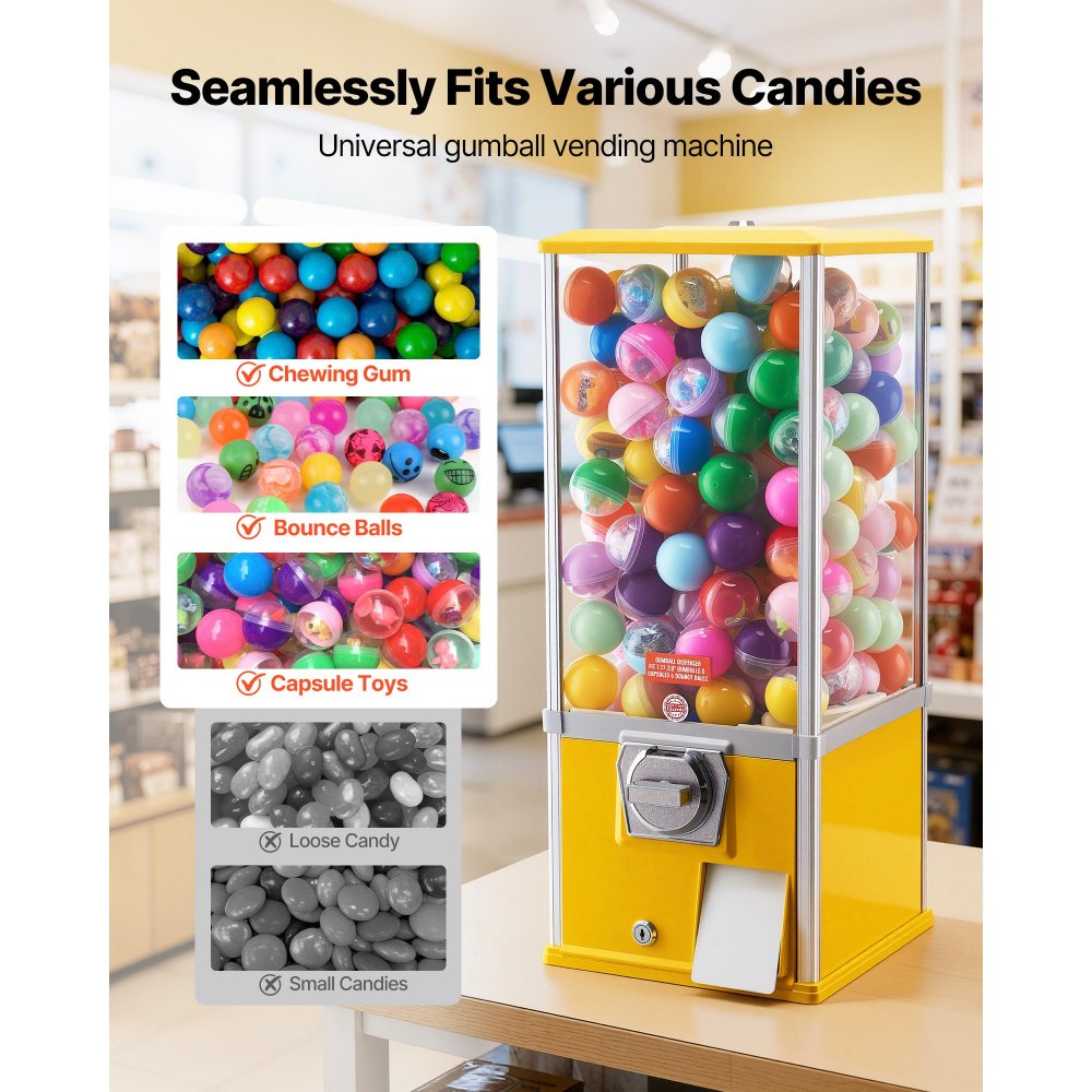VEVOR Gumball Machine, 25 inch Height Candy Vending Machine Dispenser, 25-Cent Vending Machines for Shopping Malls, Supermarkets, Amusement Parks, Arcades, Holds Up to 230 1.77 inch Spherical Candies