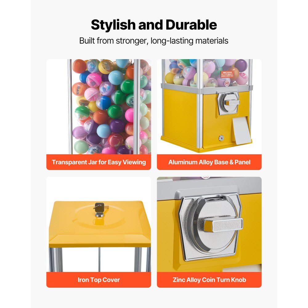 VEVOR Gumball Machine, 25 inch Height Candy Vending Machine Dispenser, 25-Cent Vending Machines for Shopping Malls, Supermarkets, Amusement Parks, Arcades, Holds Up to 230 1.77 inch Spherical Candies