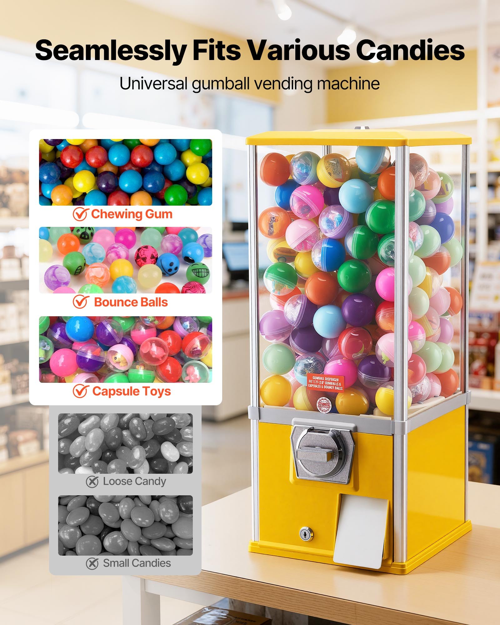 VEVOR Gumball Machine, 25 inch Height Candy Vending Machine Dispenser, 25-Cent Vending Machines for Shopping Malls, Supermarkets, Amusement Parks, Arcades, Holds Up to 230 1.77 inch Spherical Candies