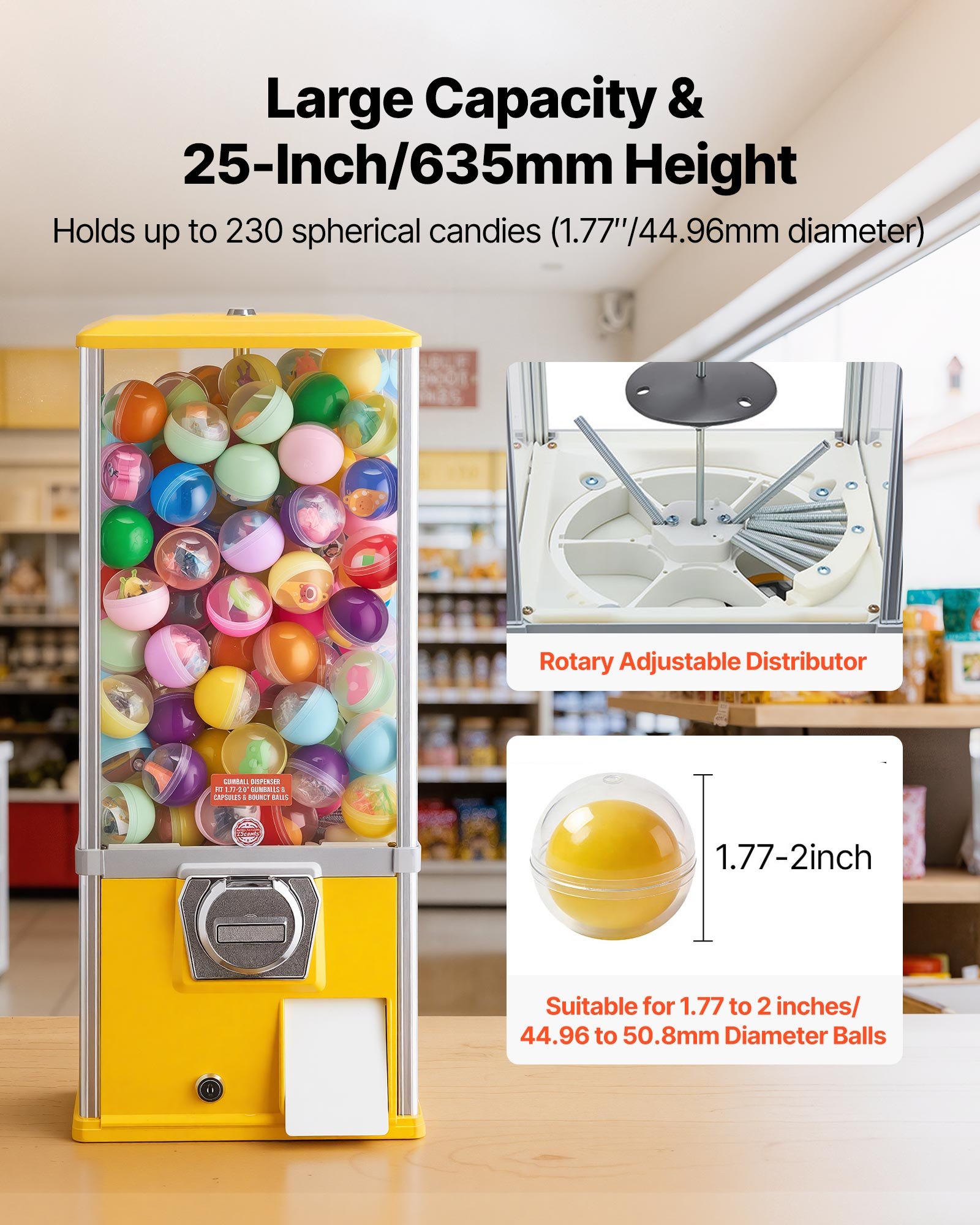 VEVOR Gumball Machine, 25 inch Height Candy Vending Machine Dispenser, 25-Cent Vending Machines for Shopping Malls, Supermarkets, Amusement Parks, Arcades, Holds Up to 230 1.77 inch Spherical Candies