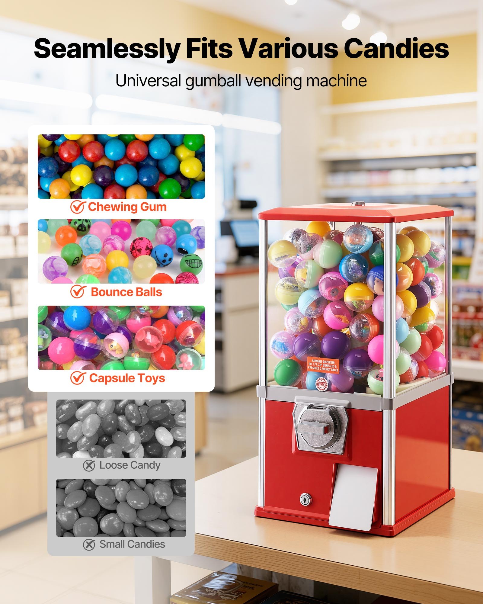 VEVOR Gumball Machine, 21 inch Height Candy Vending Machine Dispenser, 25-Cent Vending Machines for Shopping Malls, Supermarkets, Amusement Parks, Arcades, Holds Up to 180 1.77 inch Spherical Candies