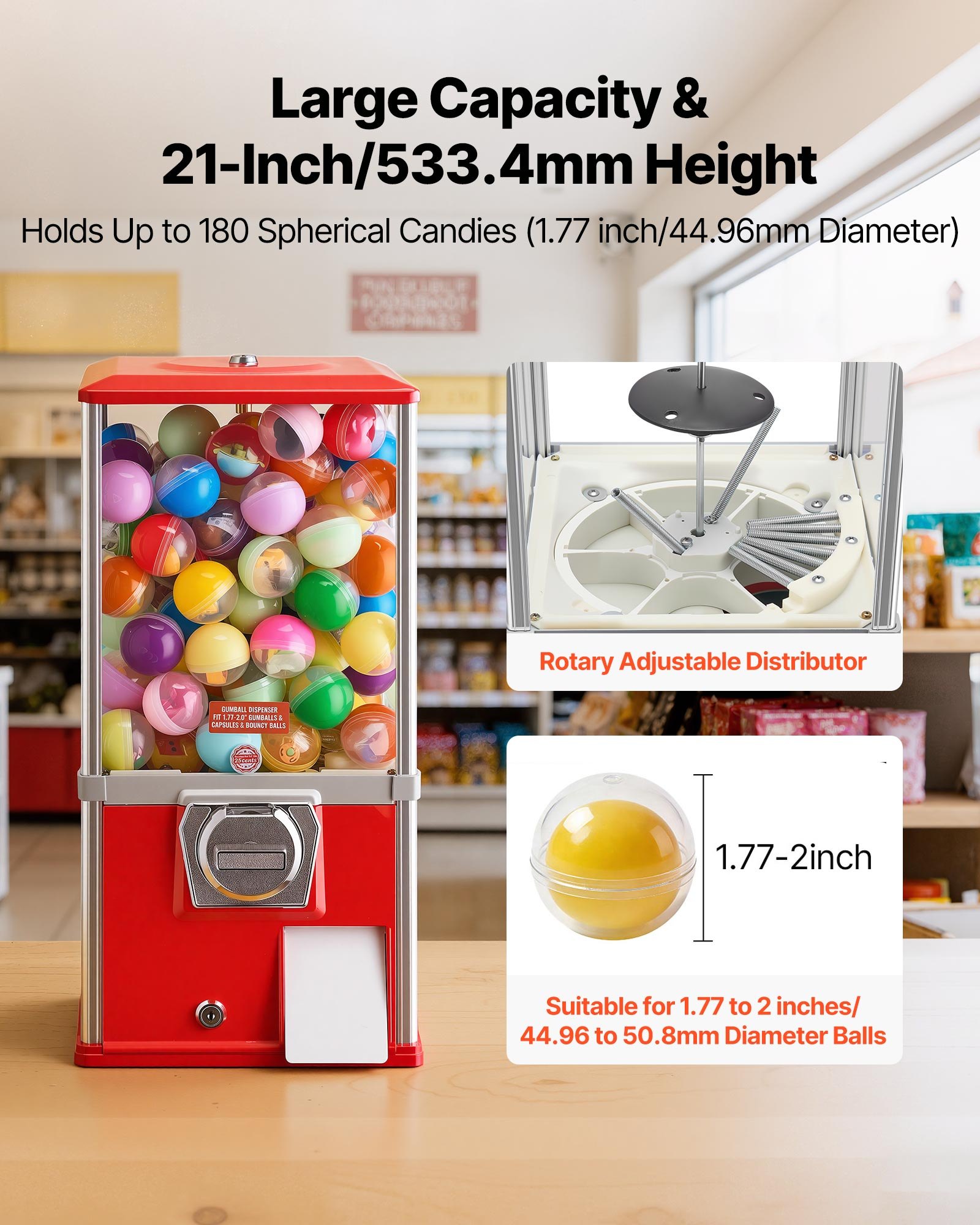 VEVOR Gumball Machine, 21 inch Height Candy Vending Machine Dispenser, 25-Cent Vending Machines for Shopping Malls, Supermarkets, Amusement Parks, Arcades, Holds Up to 180 1.77 inch Spherical Candies