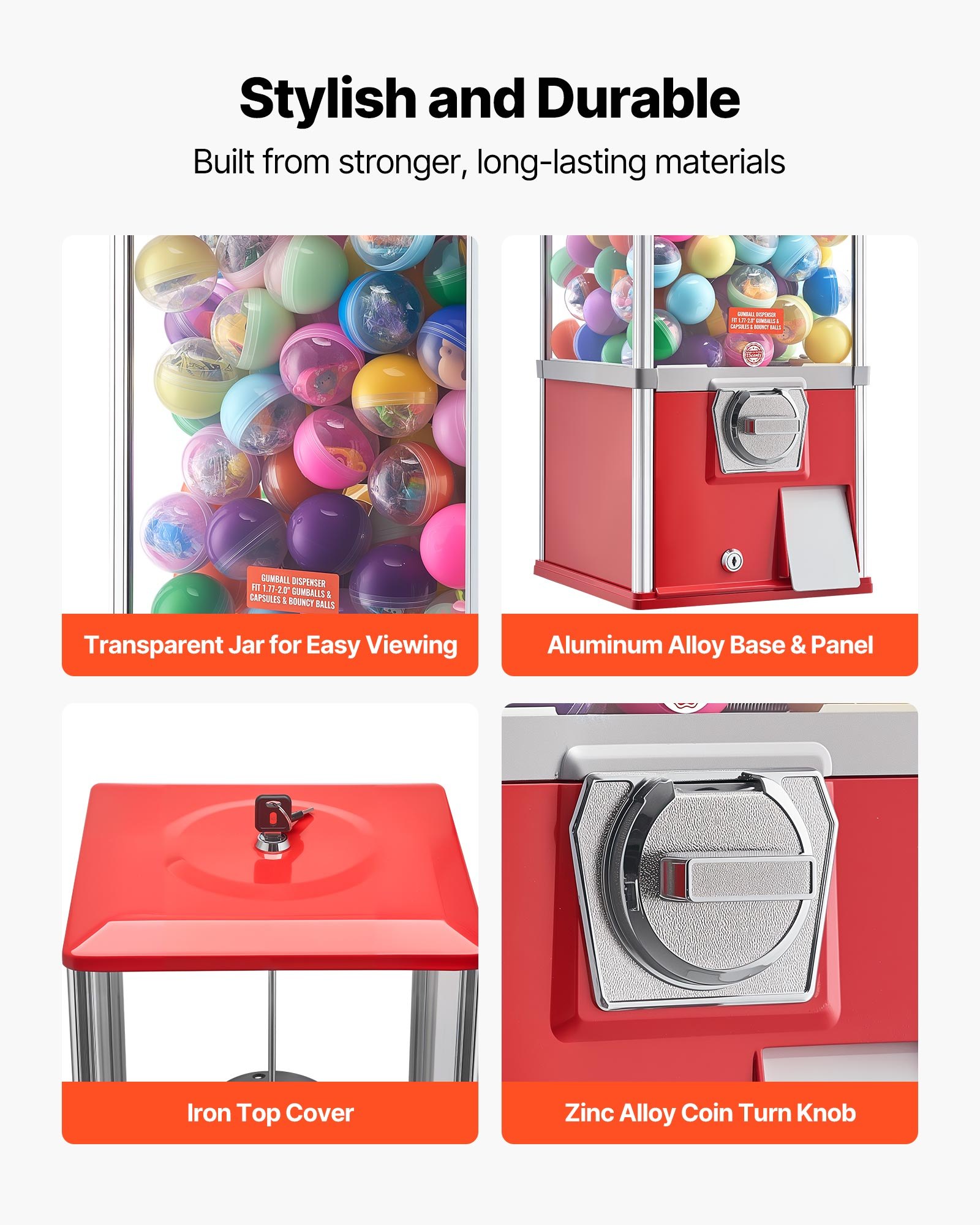 VEVOR Gumball Machine, 21 inch Height Candy Vending Machine Dispenser, 25-Cent Vending Machines for Shopping Malls, Supermarkets, Amusement Parks, Arcades, Holds Up to 180 1.77 inch Spherical Candies