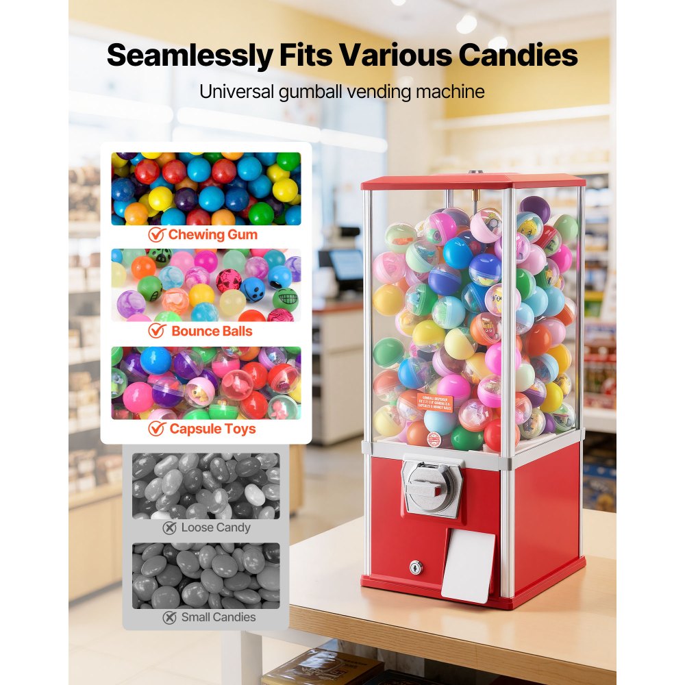 VEVOR Gumball Machine for Kids, 25" Height Home Vending Machine, PS Bouncy Balls Dispenser, Hold 230 Capsule Toys, Rectangle Bubble Gum Machine for Game Stores, Coin Operated Gumball Bank, Red