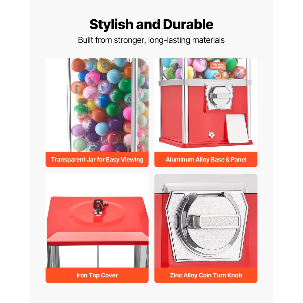 VEVOR Gumball Machine for Kids, 25" Height Home Vending Machine, PS Bouncy Balls Dispenser, Hold 230 Capsule Toys, Rectangle Bubble Gum Machine for Game Stores, Coin Operated Gumball Bank, Red