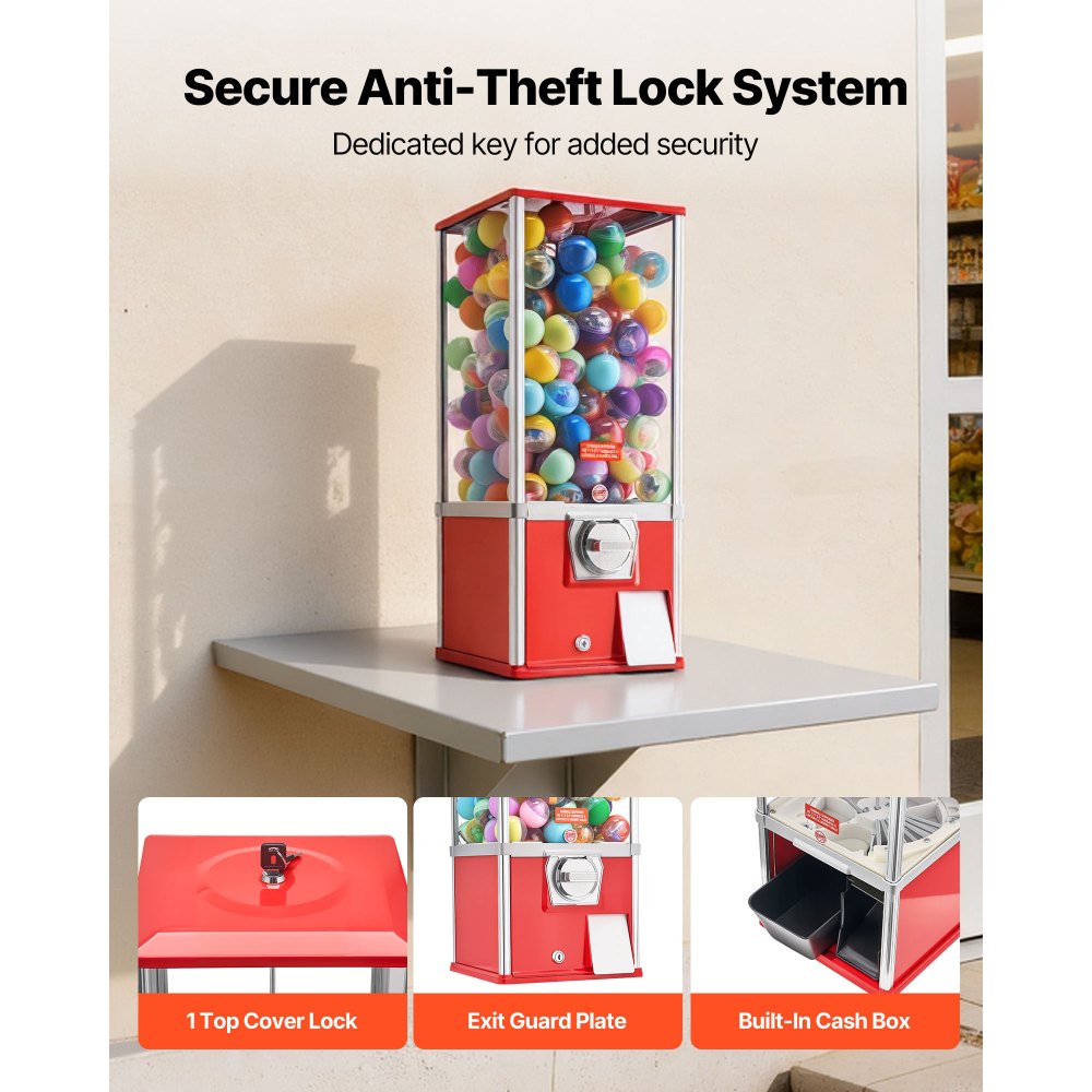 VEVOR Gumball Machine for Kids, 25" Height Home Vending Machine, PS Bouncy Balls Dispenser, Hold 230 Capsule Toys, Rectangle Bubble Gum Machine for Game Stores, Coin Operated Gumball Bank, Red
