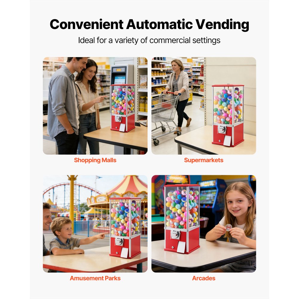 VEVOR Gumball Machine for Kids, 25" Height Home Vending Machine, PS Bouncy Balls Dispenser, Hold 230 Capsule Toys, Rectangle Bubble Gum Machine for Game Stores, Coin Operated Gumball Bank, Red