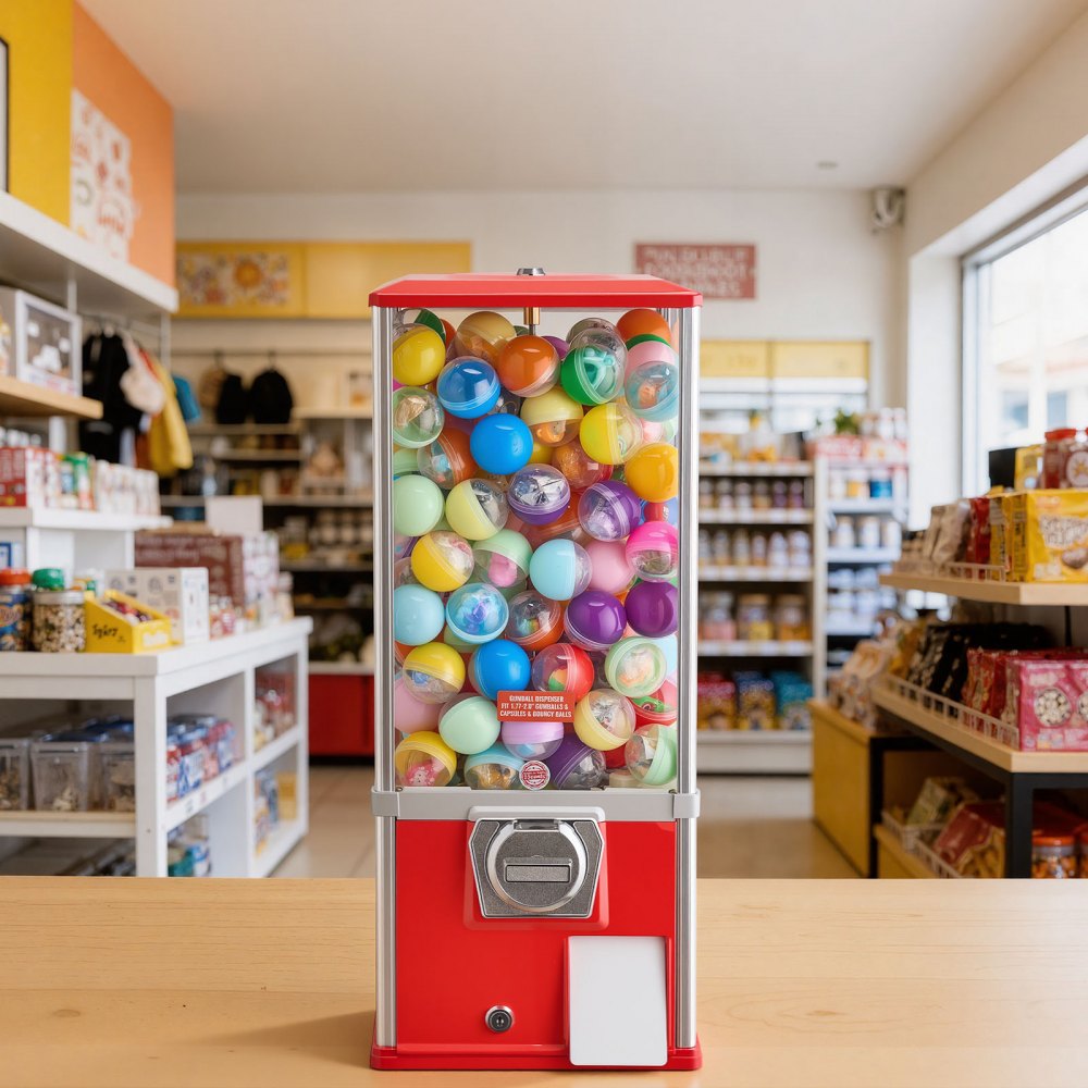 VEVOR Gumball Machine for Kids, 25" Height Home Vending Machine, PS Bouncy Balls Dispenser, Hold 230 Capsule Toys, Rectangle Bubble Gum Machine for Game Stores, Coin Operated Gumball Bank, Red