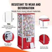 VEVOR Gumball Machine for Kids, 25" Height Home Vending Machine, PS Bouncy Balls Dispenser, Hold 230 Capsule Toys, Rectangle Bubble Gum Machine for Game Stores, Coin Operated Gumball Bank, Red