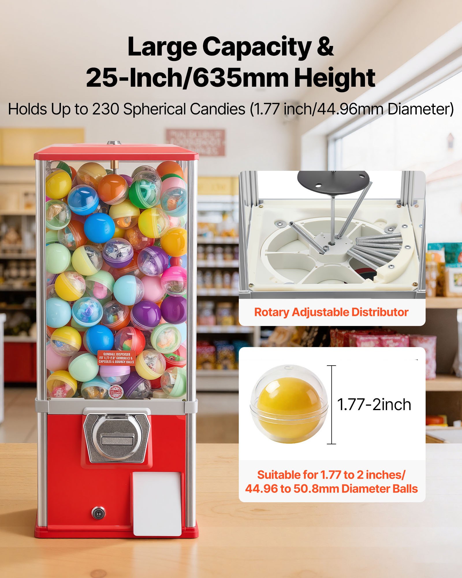 VEVOR Gumball Machine for Kids, 25" Height Home Vending Machine, PS Bouncy Balls Dispenser, Hold 230 Capsule Toys, Rectangle Bubble Gum Machine for Game Stores, Coin Operated Gumball Bank, Red