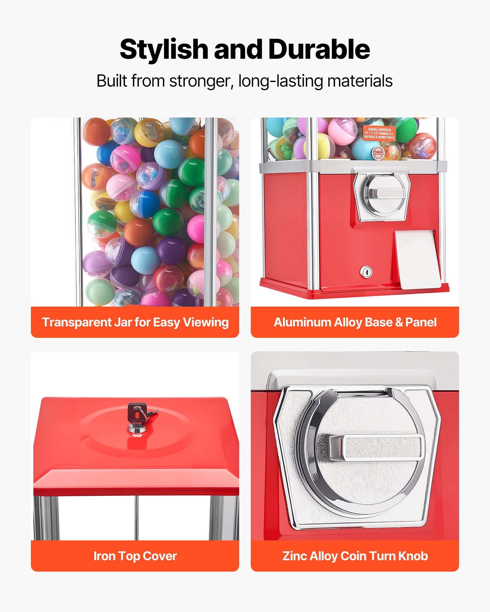 VEVOR Gumball Machine for Kids, 25" Height Home Vending Machine, PS Bouncy Balls Dispenser, Hold 230 Capsule Toys, Rectangle Bubble Gum Machine for Game Stores, Coin Operated Gumball Bank, Red
