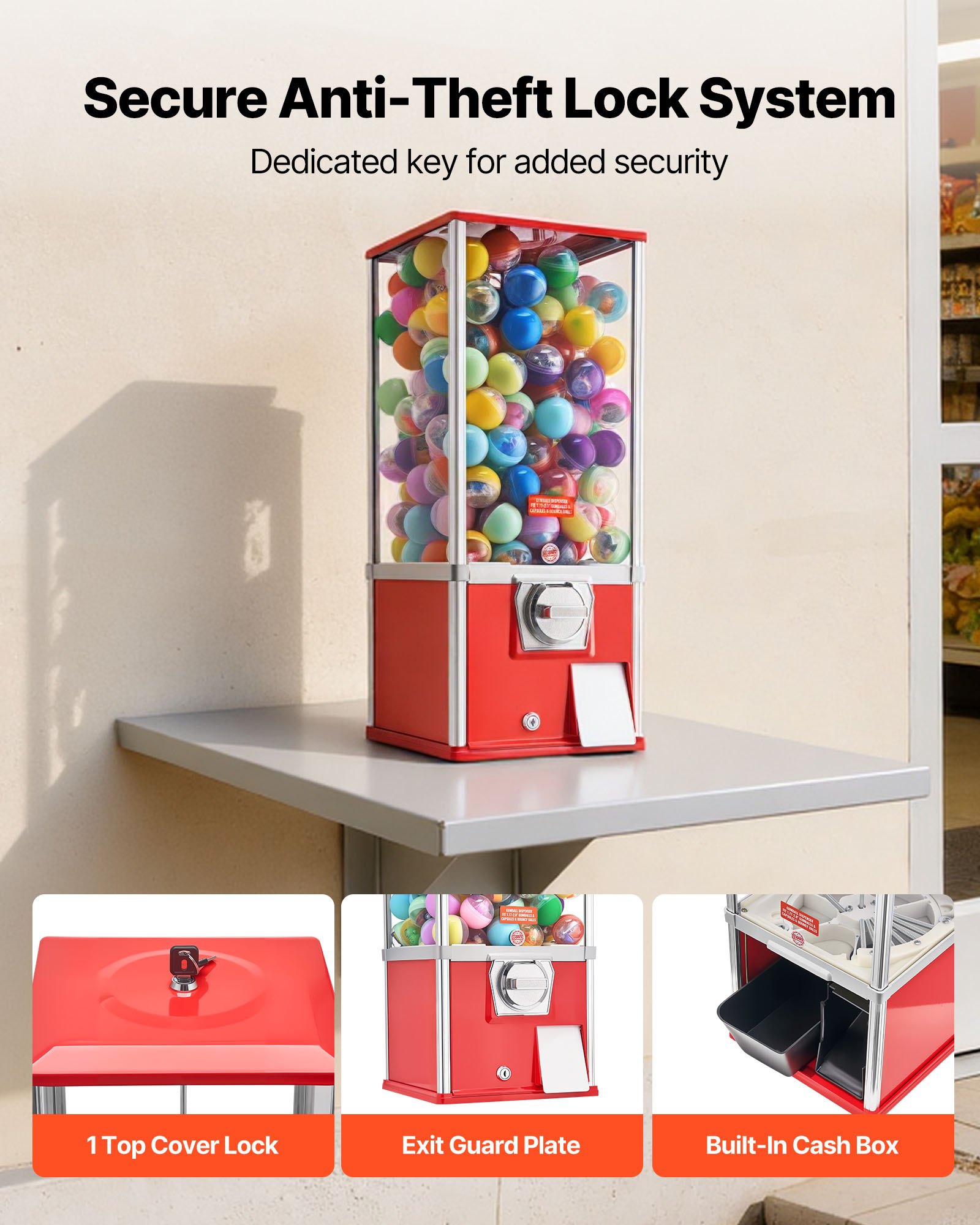 VEVOR Gumball Machine for Kids, 25" Height Home Vending Machine, PS Bouncy Balls Dispenser, Hold 230 Capsule Toys, Rectangle Bubble Gum Machine for Game Stores, Coin Operated Gumball Bank, Red