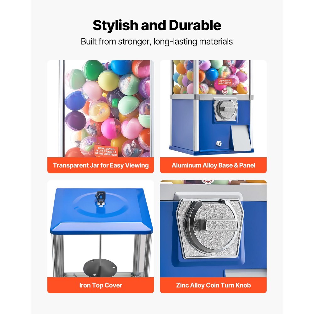 VEVOR Gumball Machine, 21 inch Height Candy Vending Machine Dispenser, 25-Cent Vending Machines for Shopping Malls, Supermarkets, Amusement Parks, Arcades, Holds Up to 180 1.77 inch Spherical Candies