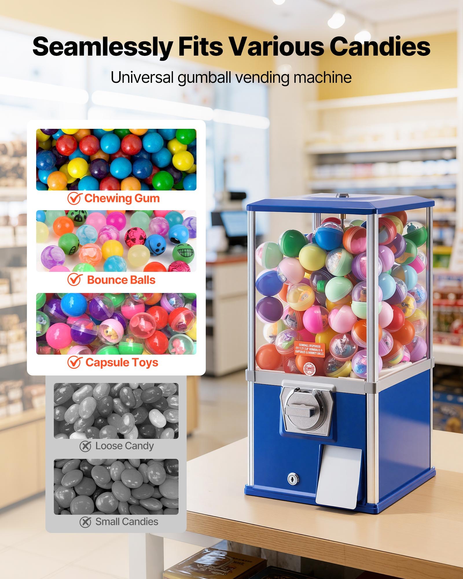 VEVOR Gumball Machine, 21 inch Height Candy Vending Machine Dispenser, 25-Cent Vending Machines for Shopping Malls, Supermarkets, Amusement Parks, Arcades, Holds Up to 180 1.77 inch Spherical Candies