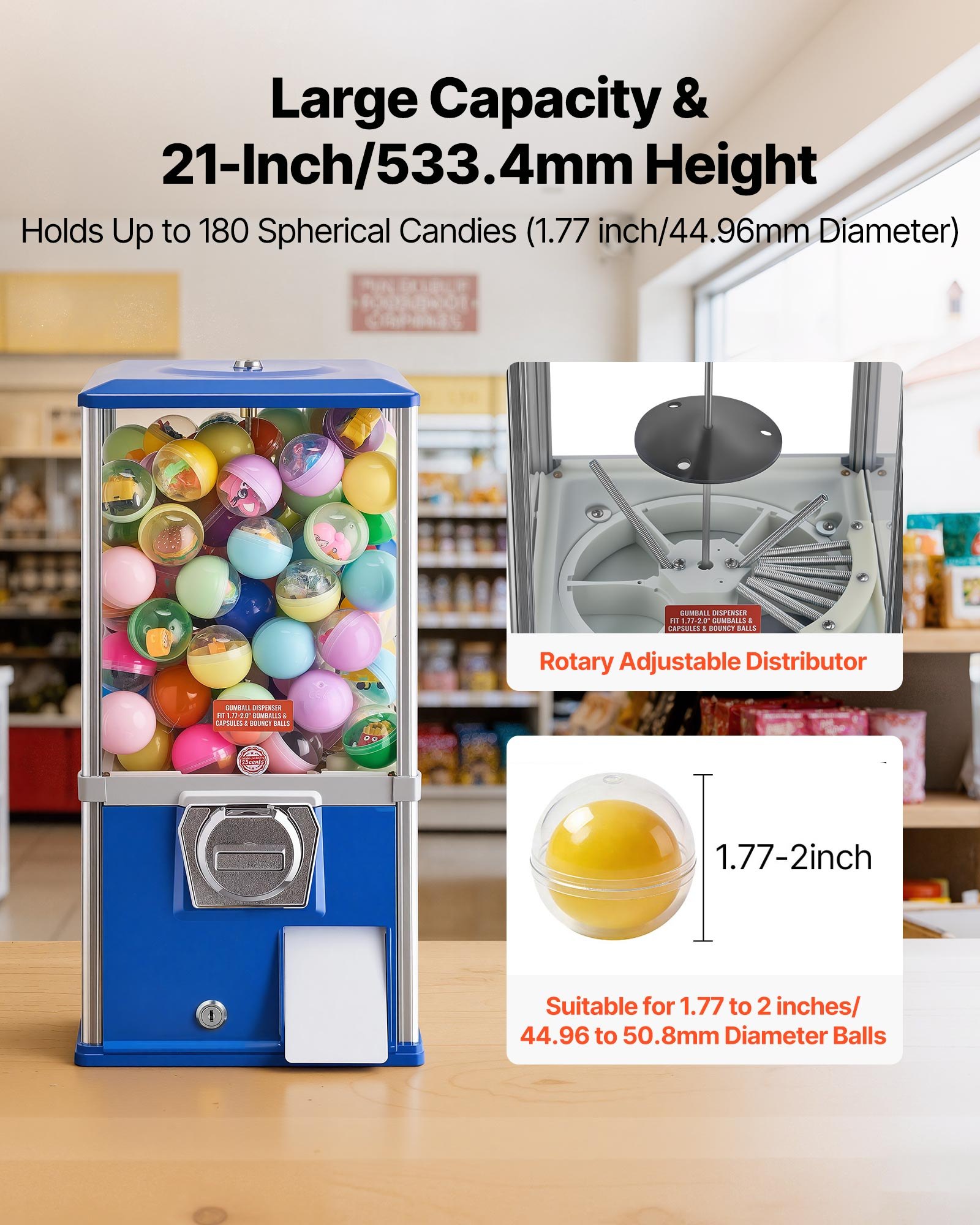 VEVOR Gumball Machine, 21 inch Height Candy Vending Machine Dispenser, 25-Cent Vending Machines for Shopping Malls, Supermarkets, Amusement Parks, Arcades, Holds Up to 180 1.77 inch Spherical Candies