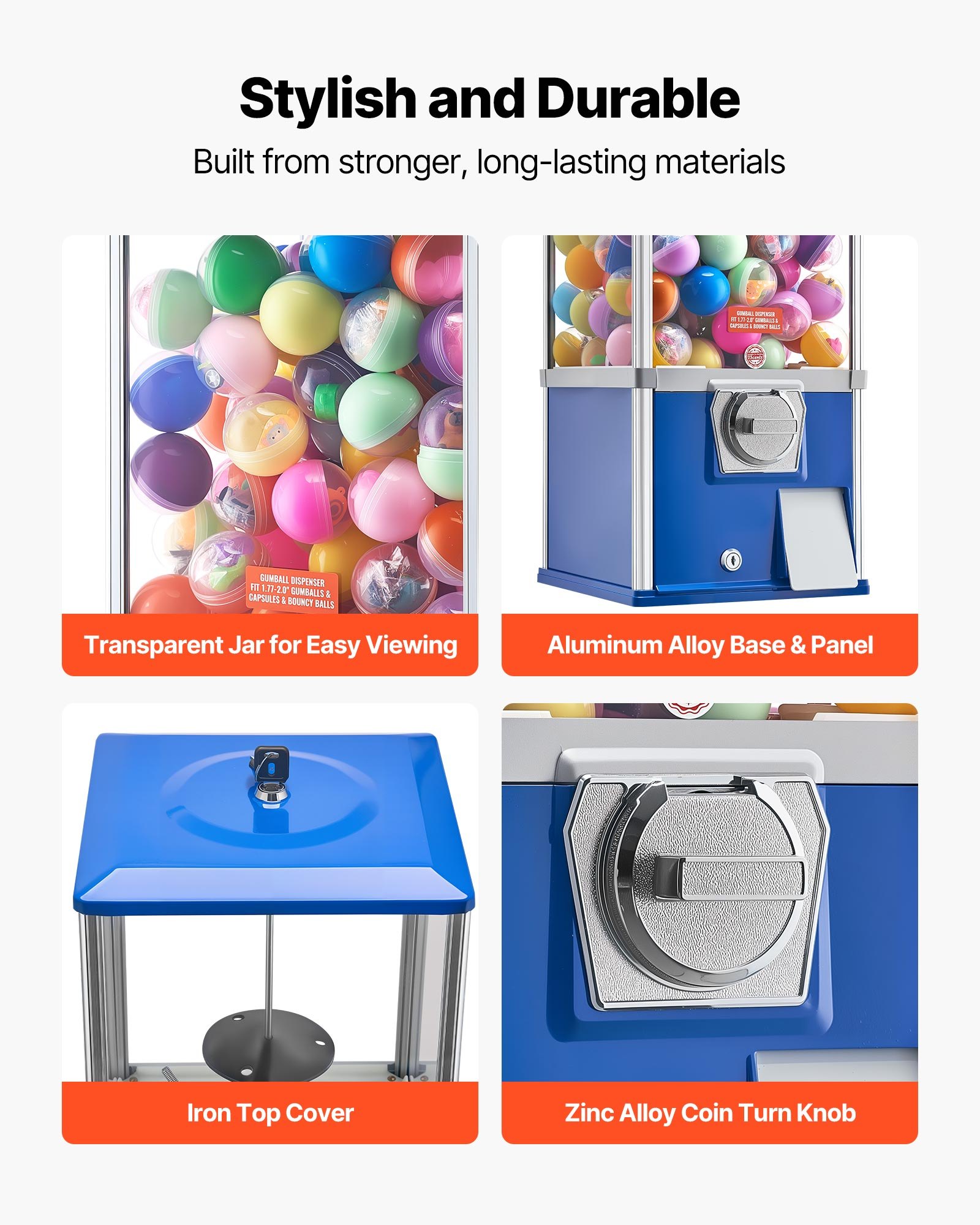 VEVOR Gumball Machine, 21 inch Height Candy Vending Machine Dispenser, 25-Cent Vending Machines for Shopping Malls, Supermarkets, Amusement Parks, Arcades, Holds Up to 180 1.77 inch Spherical Candies