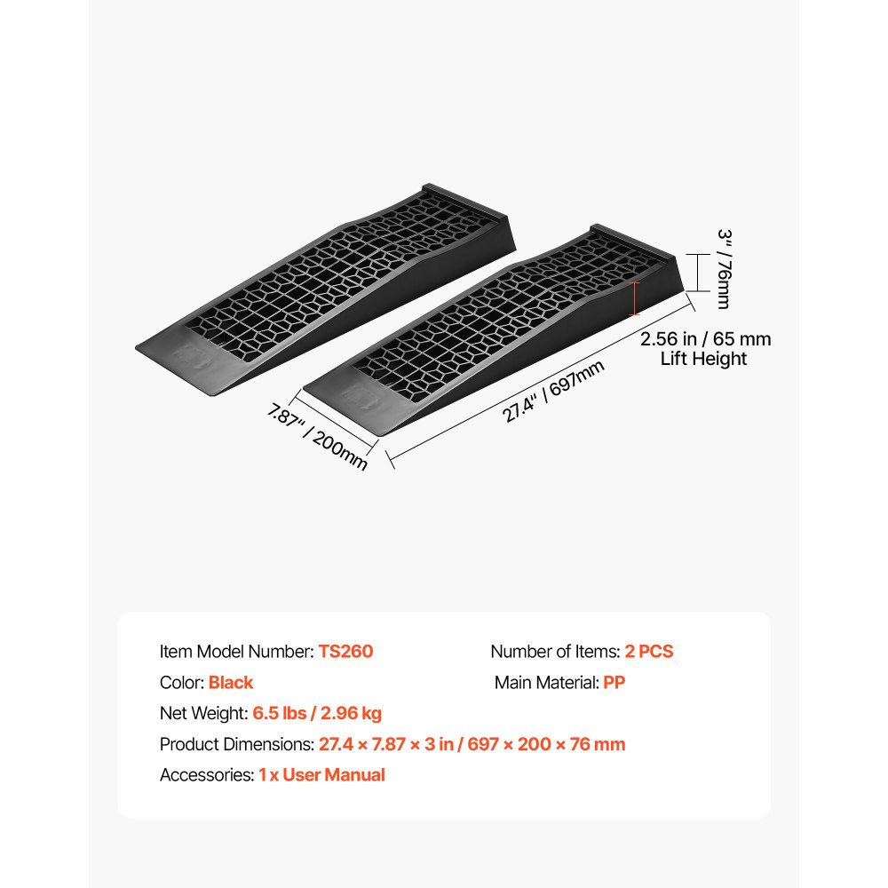 VEVOR Car Ramps, 2 PCS 9072 kg GVW Capacity, 65 mm Lift Height, Portable Low Profile Car Service Ramps for Home Garage Maintenance & Oil Changes, Heavy Duty for Low Chassis Vehicle & Support Jack