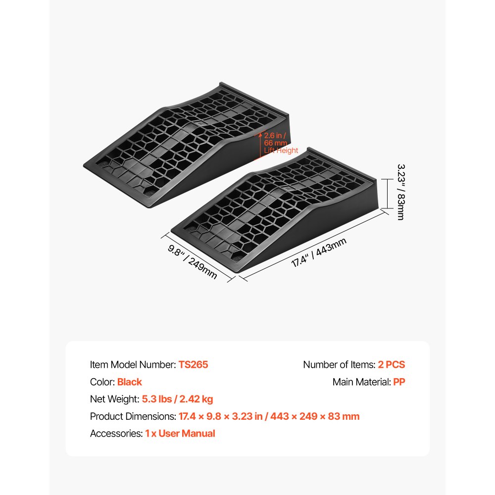 VEVOR Car Ramps, 2 PCS 9072 kg GVW Capacity, 66 mm Lift Height, Portable Low Profile Car Service Ramps for Home Garage Maintenance & Oil Changes, Heavy Duty for Low Chassis Vehicle & Support Jack