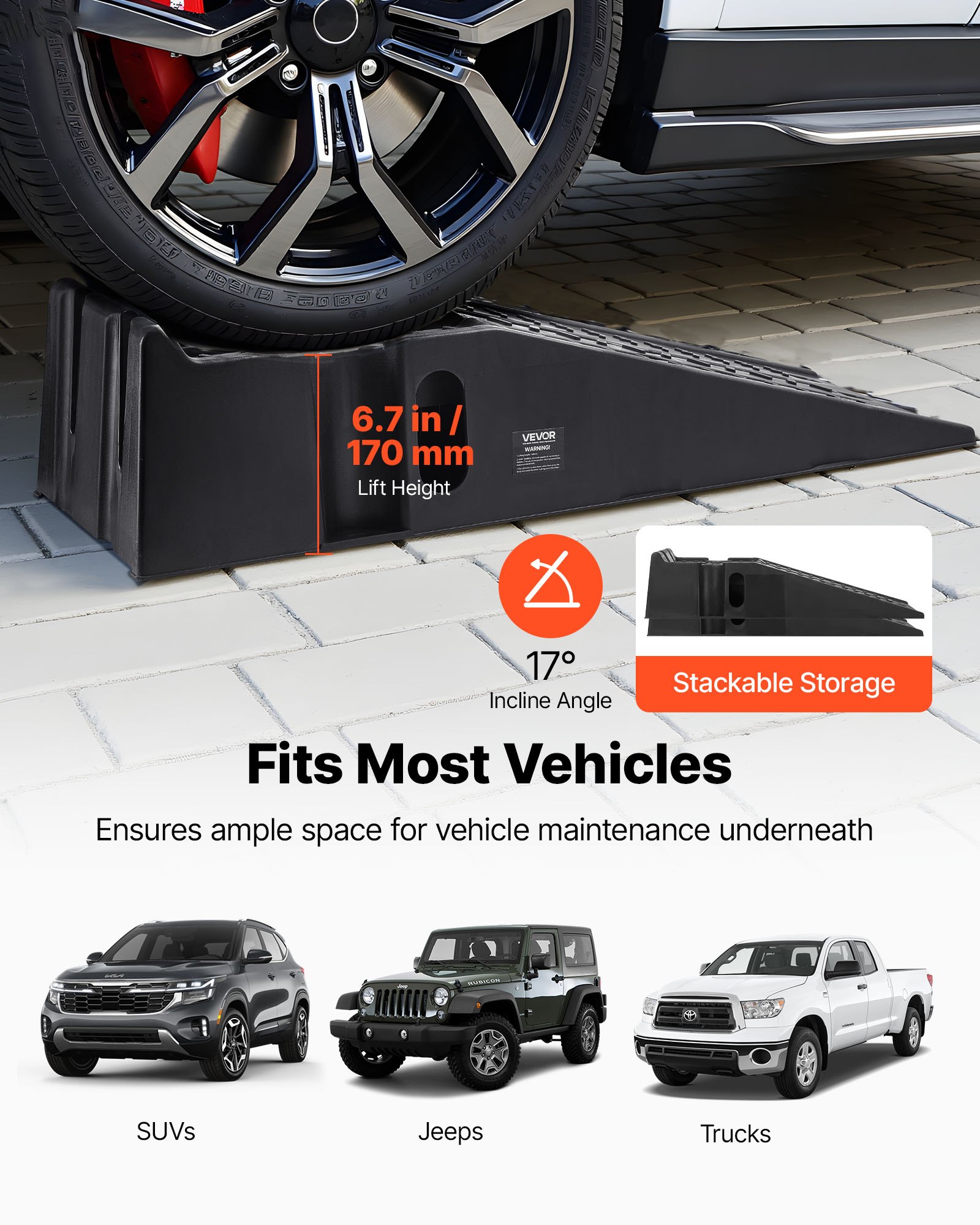 VEVOR Car Ramps, 2 PCS 7257 kg GVW Capacity, 170 mm Lift Height, Portable High Profile Car Service Ramps for Home Garage Maintenance and Oil Changes, Heavy Duty for Truck SUV Vehicle Repair, Black