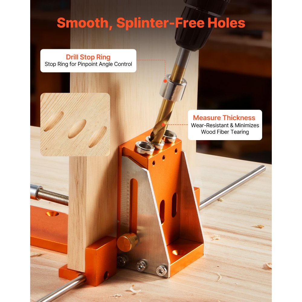 VEVOR Pocket Hole Jig Kit, 1/2 to 1-1/2 in Adjustable, Jig Pocket Hole System with Toolcase, C-Clamp, Step Drill, Hex Wrench, Drill Stop Ring, Square Drive Bit, Reinforced Metal Frame, for Woodworking